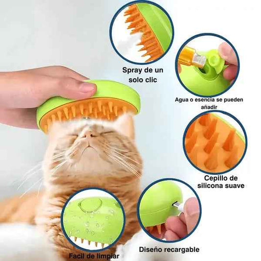 Cepillo Vaporizador para Mascotas 3 en 1 Recargable USB - Cuidado Fácil y Efectivo