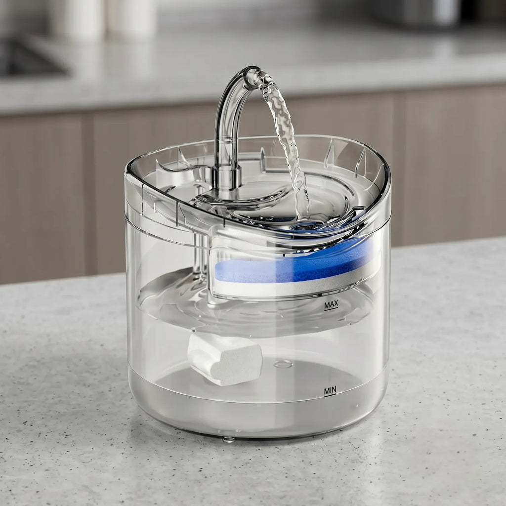 Bebedero tipo grifo transparente para gatos y perros, fuente agua depósito visible 1.8L, despacho Chile