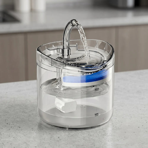 Bebedero tipo grifo transparente para gatos y perros, fuente agua depósito visible 1.8L, despacho Chile