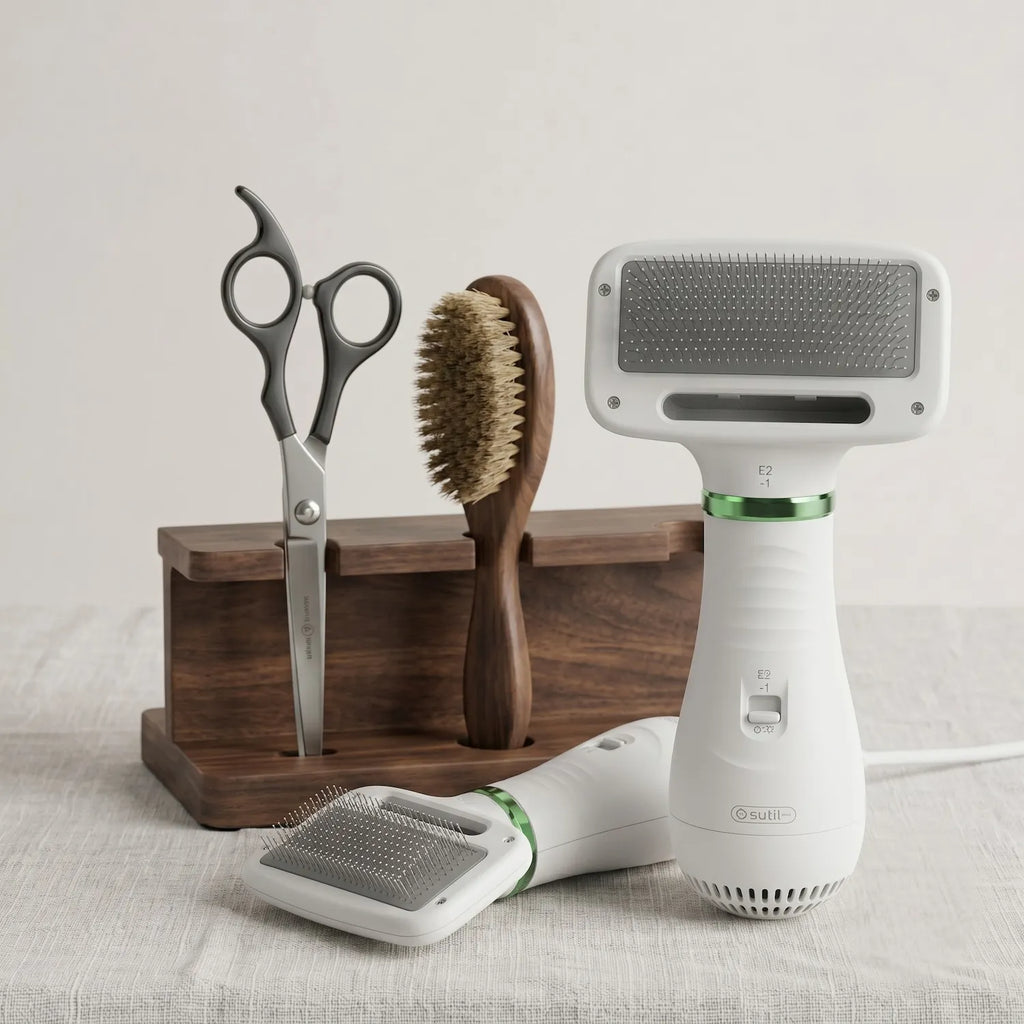 Cepillo secador 2 en 1 junto a set de estética para mascotas con tijeras y cepillo de madera, grooming en casa Chile