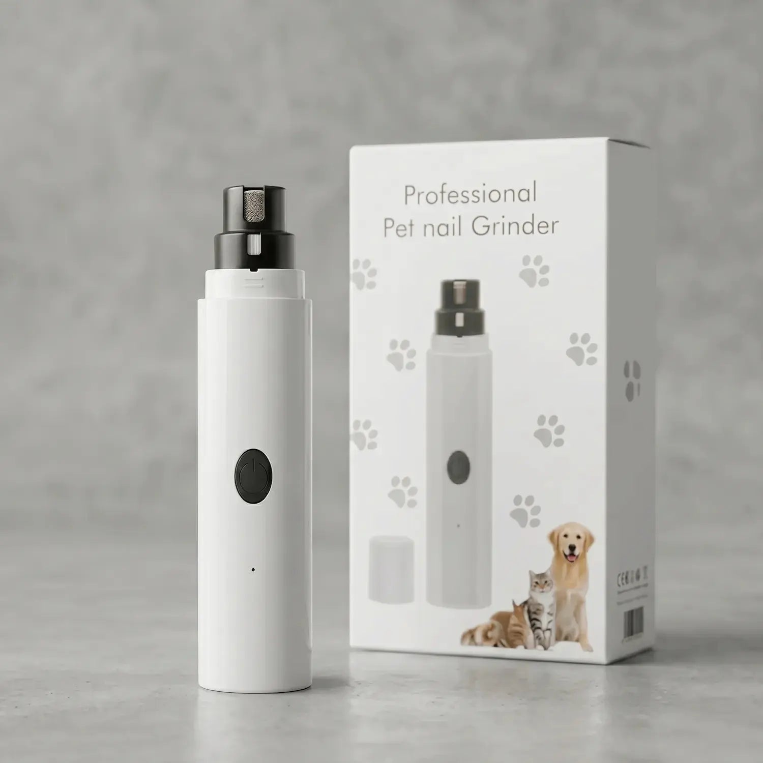 Lima eléctrica profesional para cortar las uñas de perros y gatos junto a su caja de presentación.