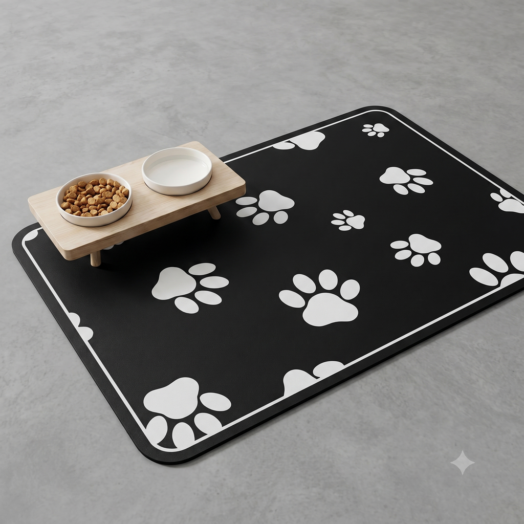 Mat mascotas negro con patitas antideslizante comedero – mantel impermeable perros gatos Chile