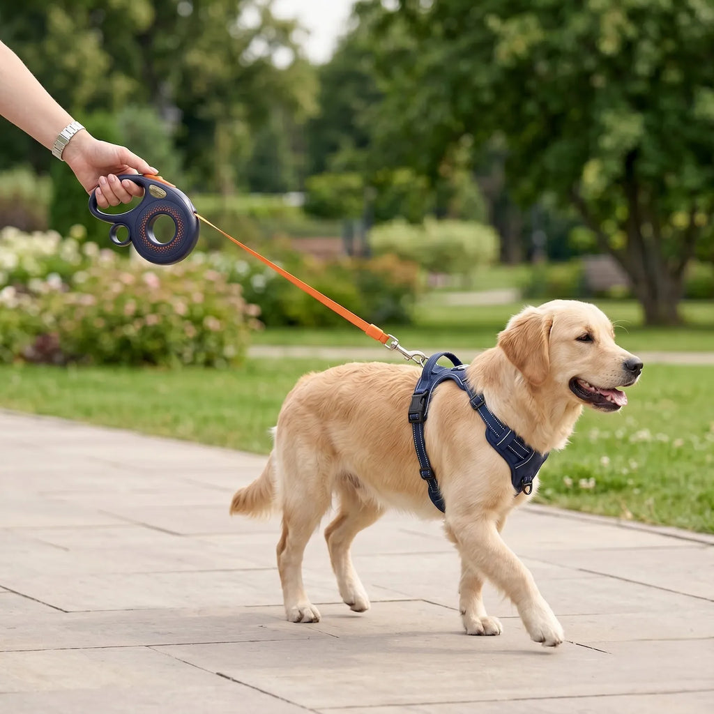 Perro golden retriever paseando correa retráctil extensible parque – tienda mascotas Chile